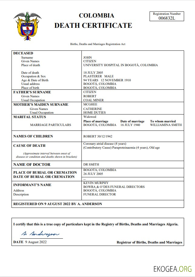 Modèle Word et PDF de certificat de décès en Colombie